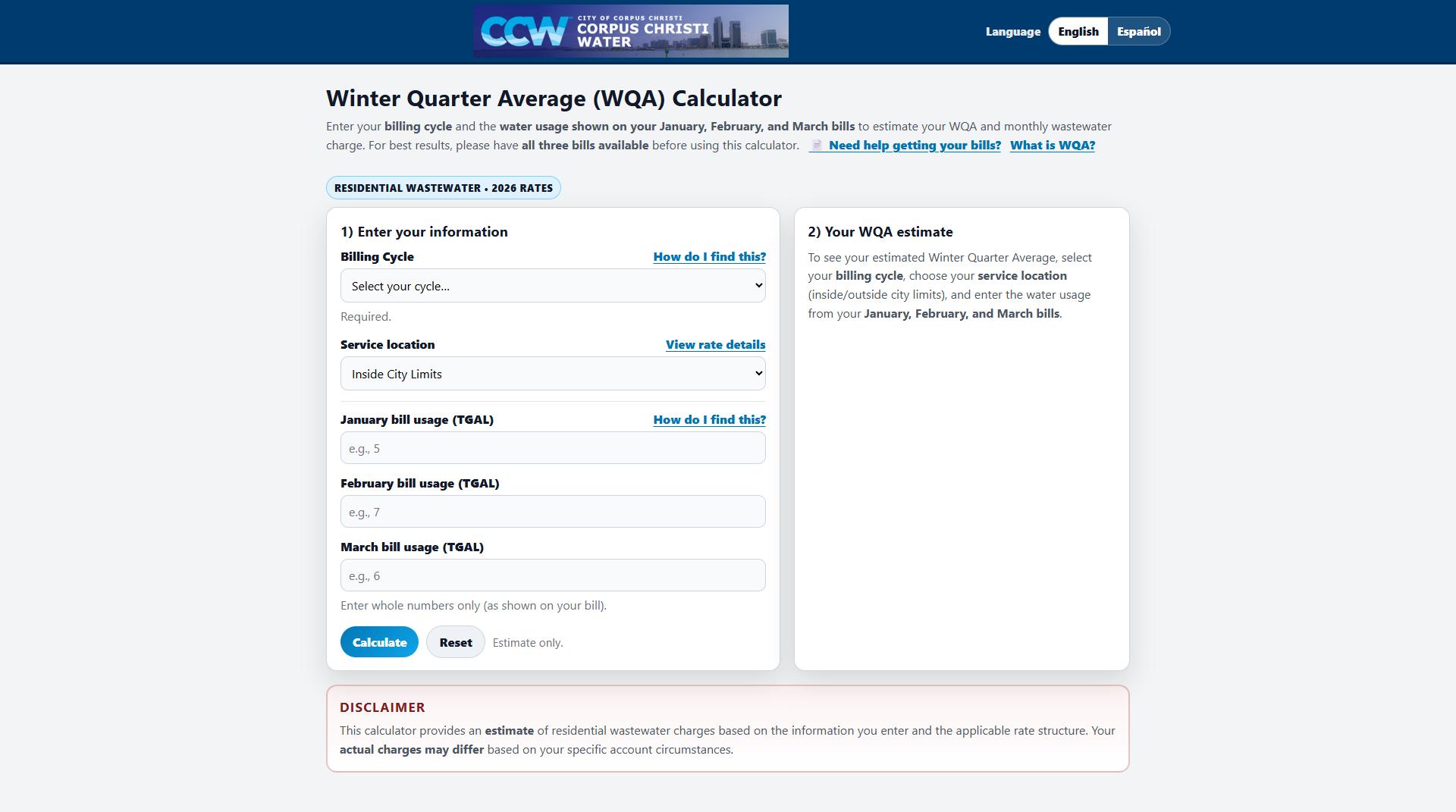 Screenshot of the Winter Quarter Average (WQA) Calculator website